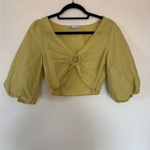 ZARA Light Olive Ring-Front Puff Sleeve Crop Top